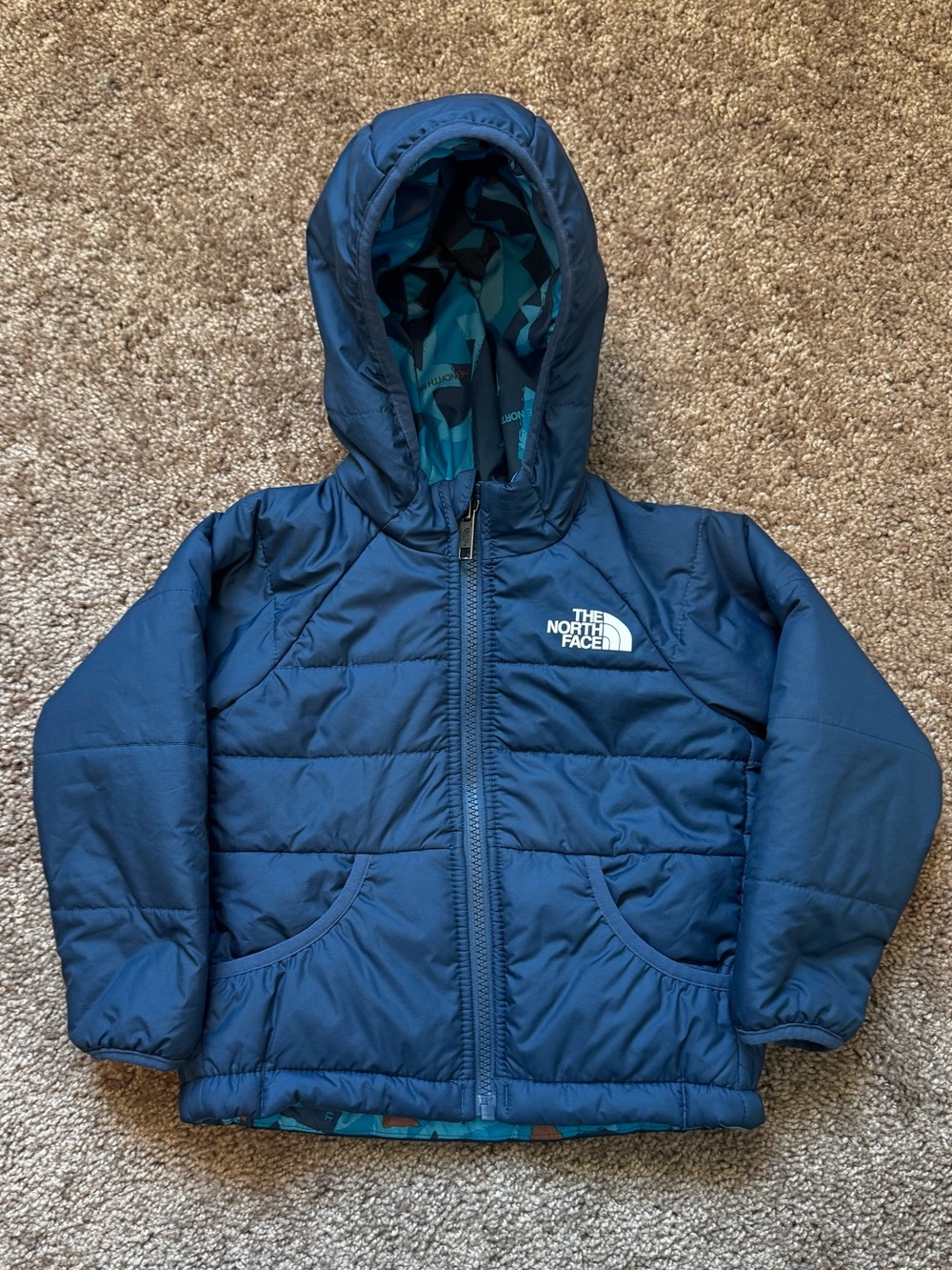 The North Face Unisex Kids Hooded Puffer Jacket 2T Reversible Blue Full Zip EUC